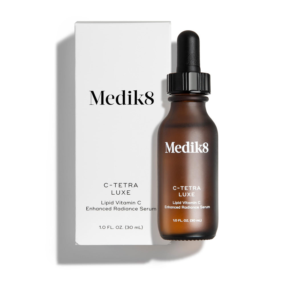 Medik8 C-Tetra Luxe bottle close-up highlighting premium vitamin C hydration