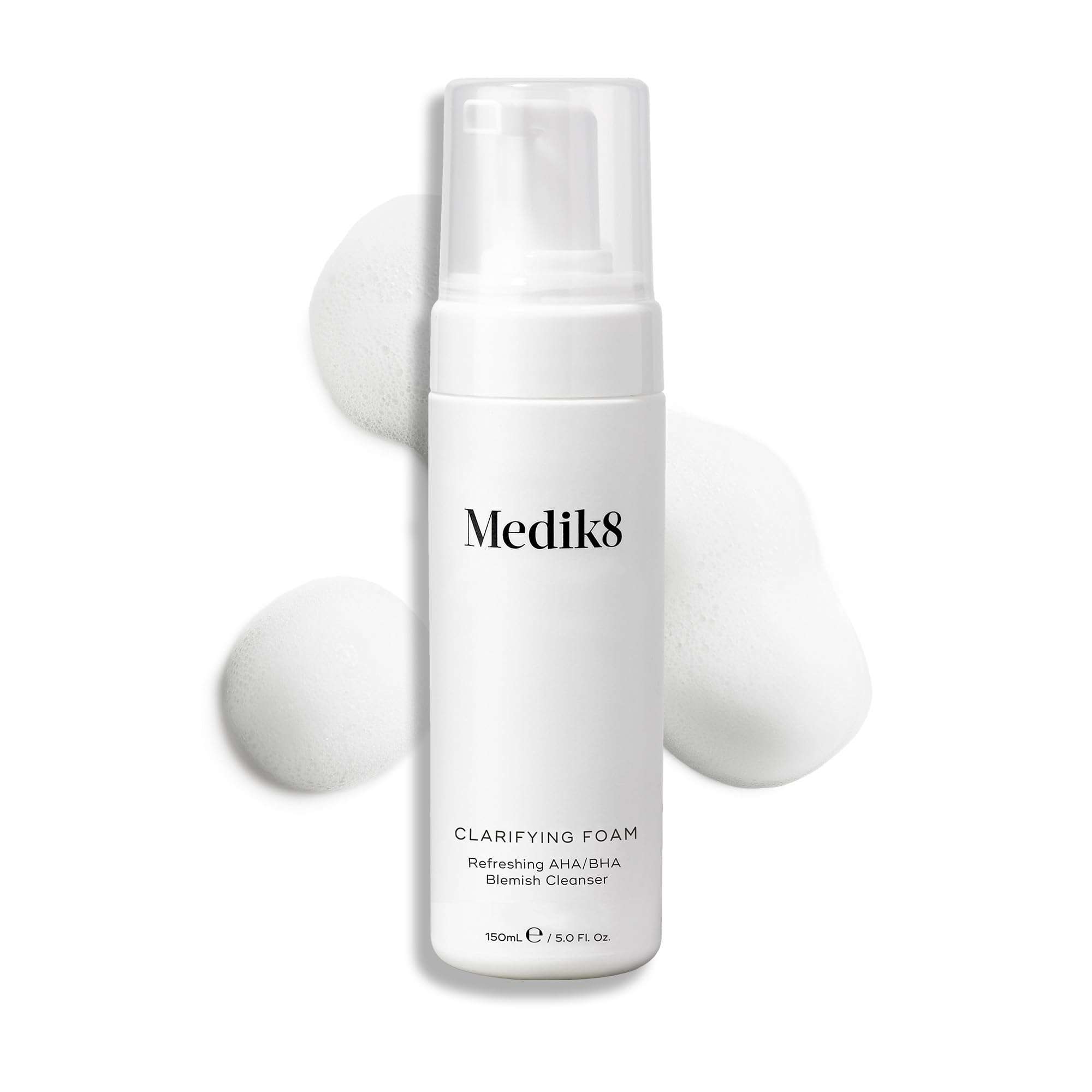 Flat lay with Medik8 Clarifying Foam bottle showing vegan gluten-free skincare suitability