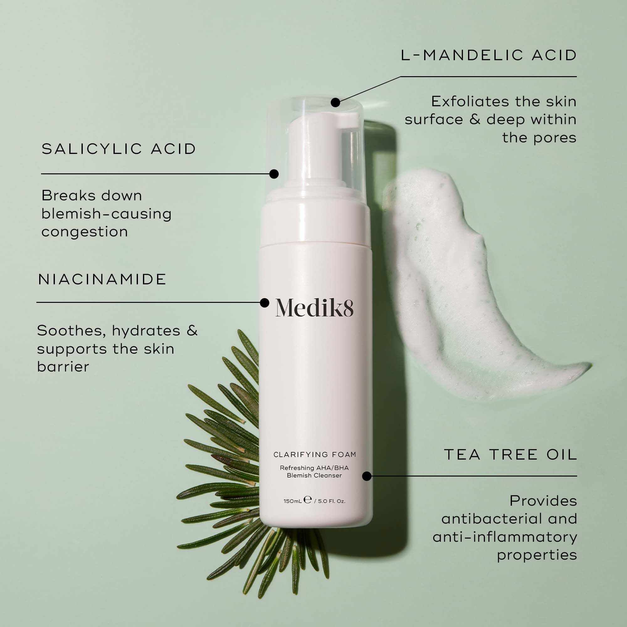 Medik8 Clarifying Foam in action foam-lather demonstrates exfoliation and cleansing