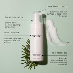 Medik8 Clarifying Foam in action foam-lather demonstrates exfoliation and cleansing