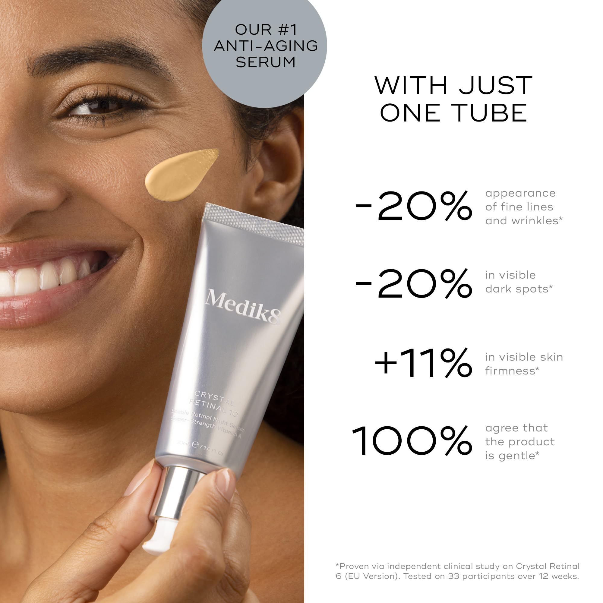 Medik8 Crystal Retinal 10 serum texture swatch emphasizes hydrating, nourishing feel