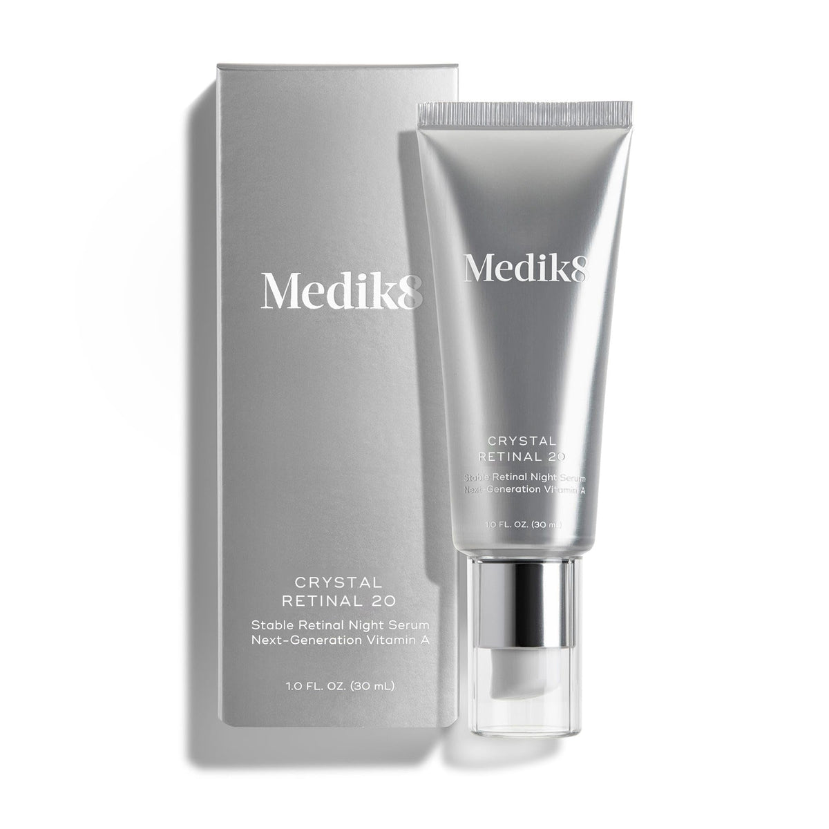Medik8 Crystal Retinal 20 bottle close-up shows retinaldehyde serum for smoother, brighter skin.