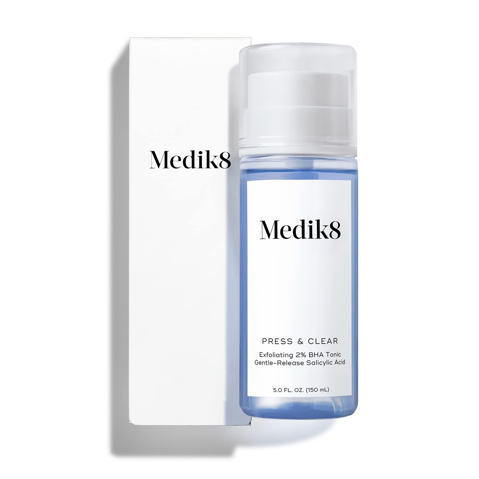 Medik8 Press and Clear bottle closeup, highlighting gentle exfoliating toner for clearer skin.
