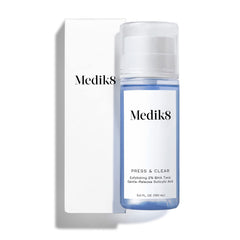 Medik8 Press and Clear bottle closeup, highlighting gentle exfoliating toner for clearer skin.