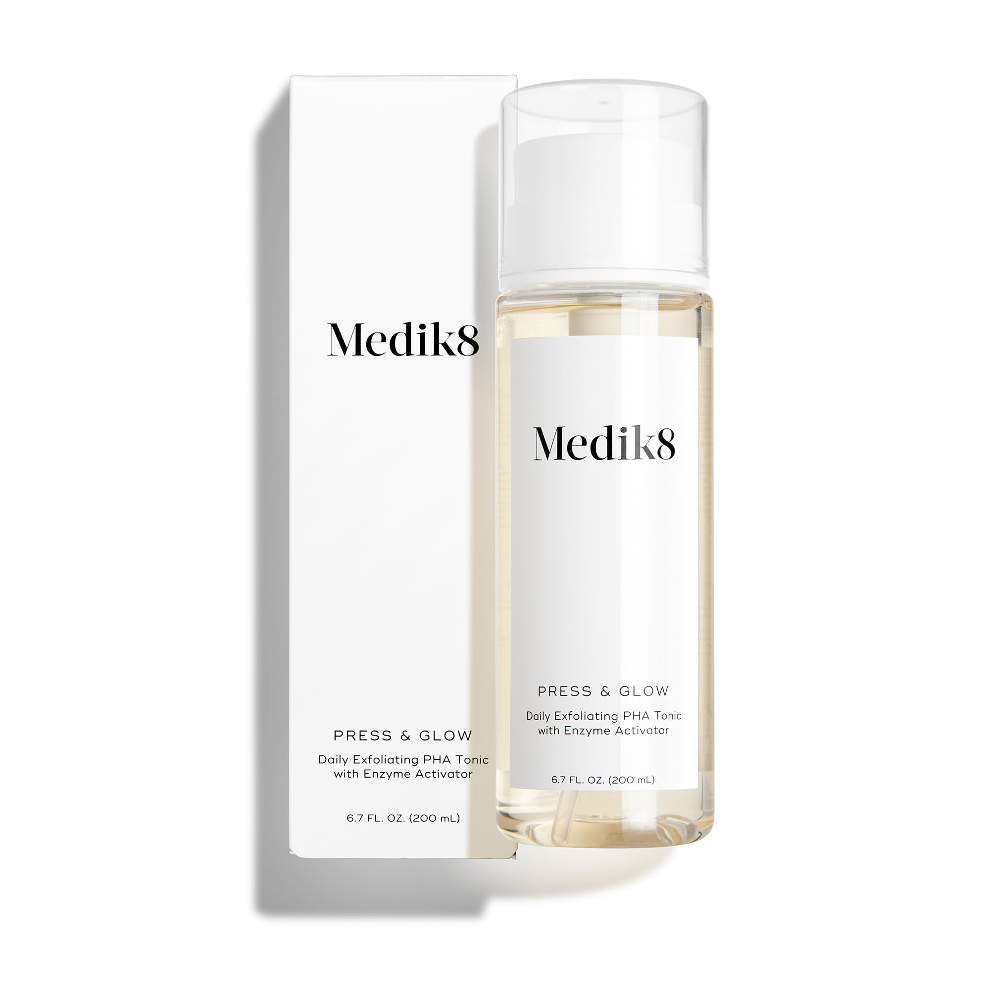 Medik8 Press and Glow toner bottle close-up highlighting gentle exfoliation for refreshed skin