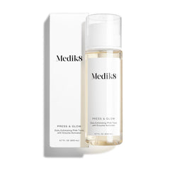 Medik8 Press and Glow toner bottle close-up highlighting gentle exfoliation for refreshed skin