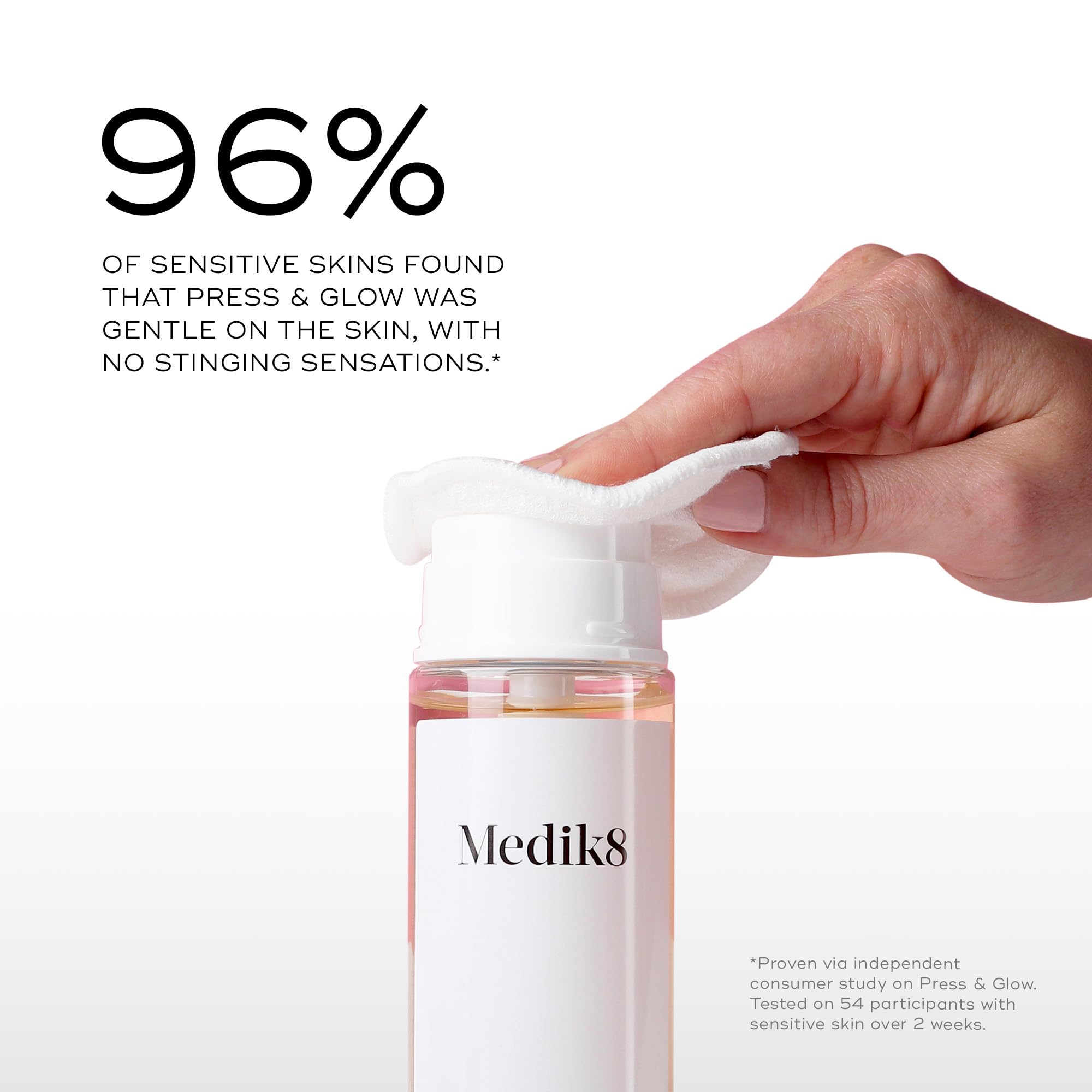 Medik8 Press and Glow packaging close-up emphasizing clean, skin-friendly formula for daily use