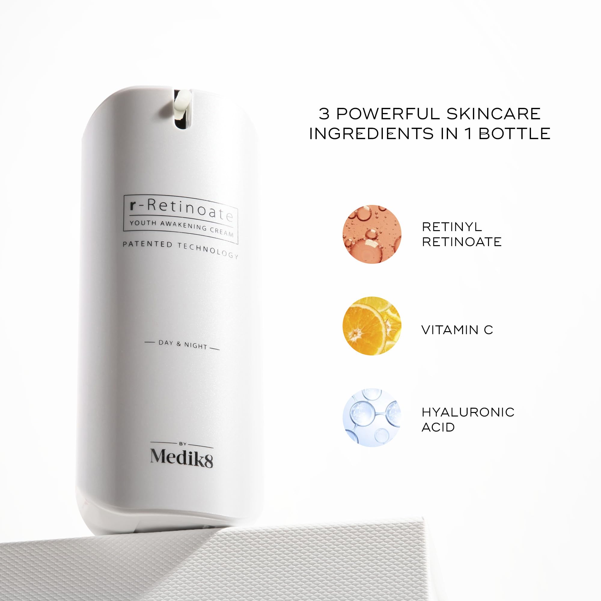 Medik8 R-Retinoate Day & Night serum on vanity signals daily layering potential.