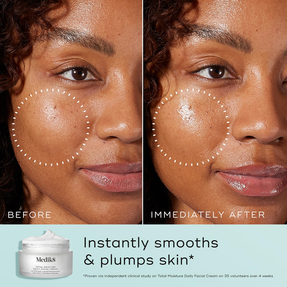 Medik8 Total Moisture with hyaluronic acid highlights skin plumpness and hydration