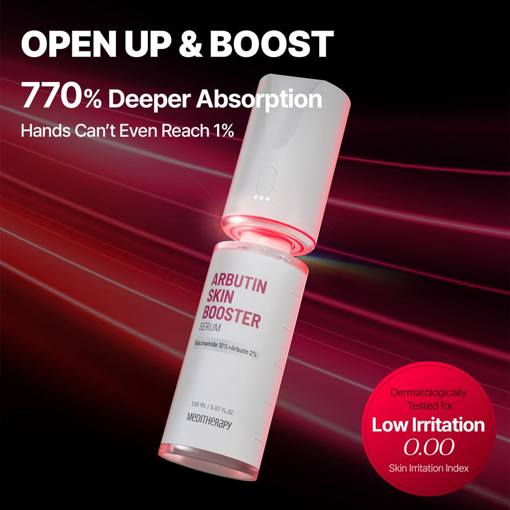 MEDITHERAPY Arbutin Serum cap massager demonstrates built-in tool for better absorption.