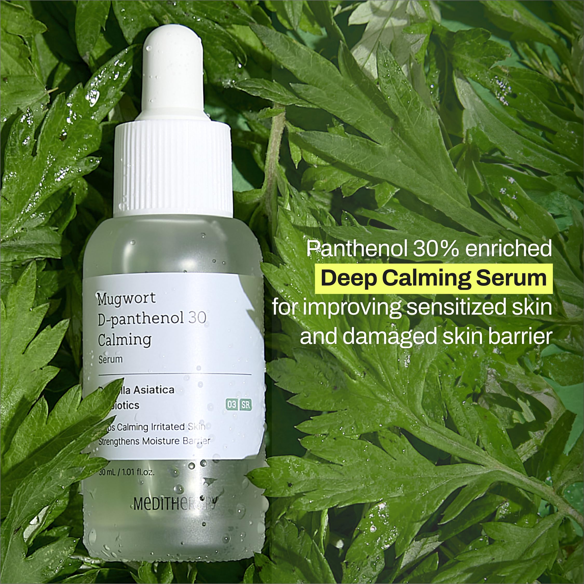 MEDITHERAPY Mugwort D-Panthenol 30 Calming Serum drop-dispense highlights quick hydration.