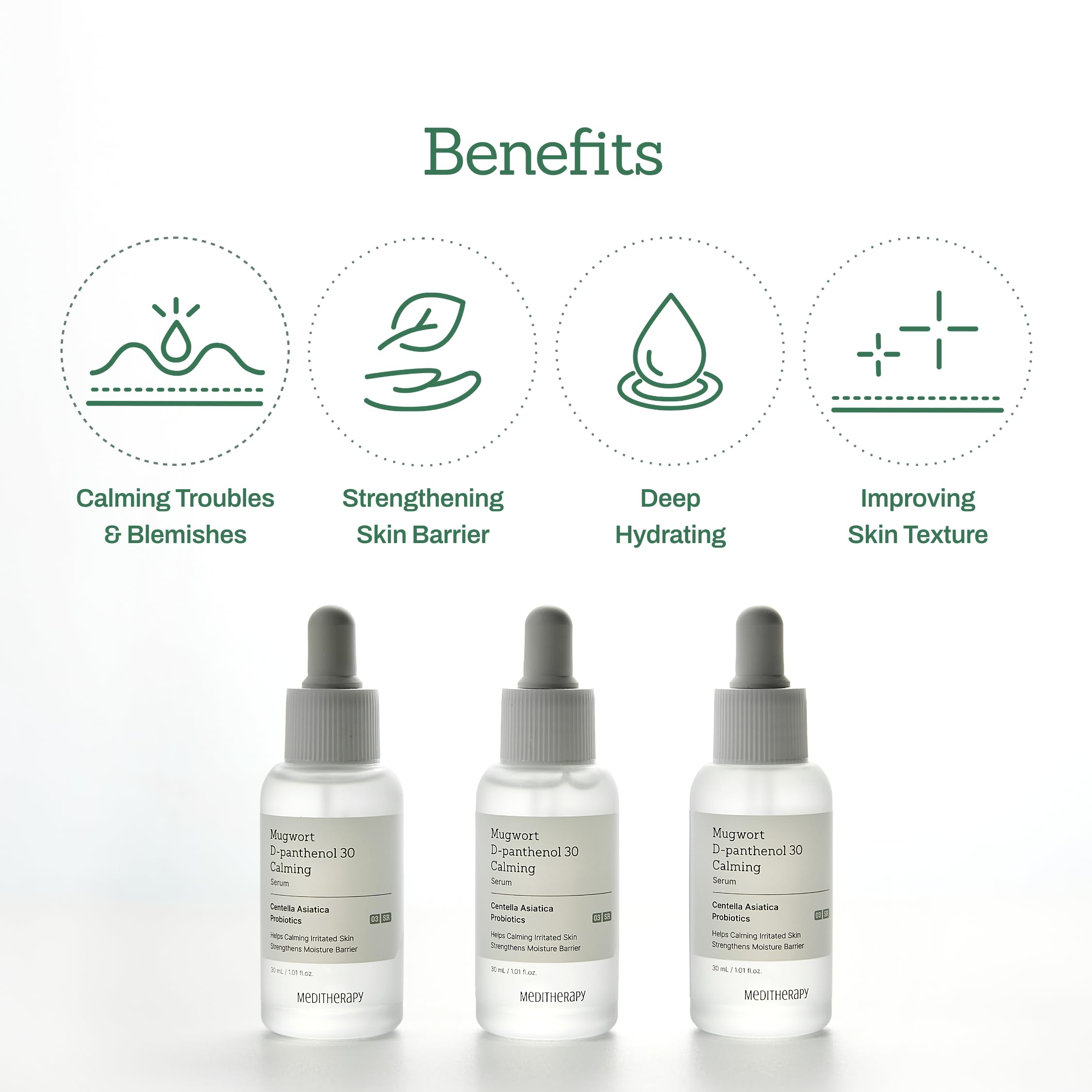 MEDITHERAPY Mugwort D-Panthenol 30 Calming Serum texture close-up shows rich hydration.