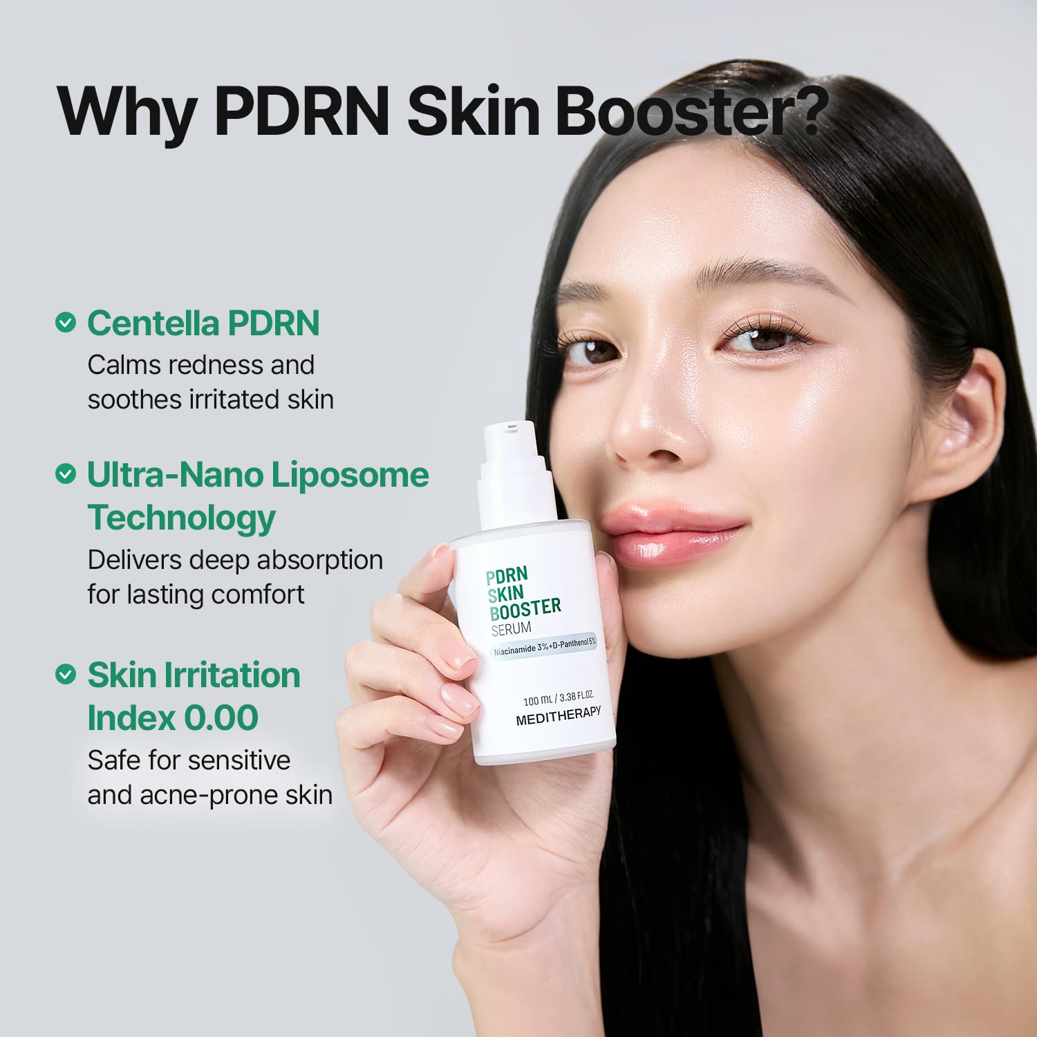 Meditherapy PDRN serum packaging flatlay with 100 ml size