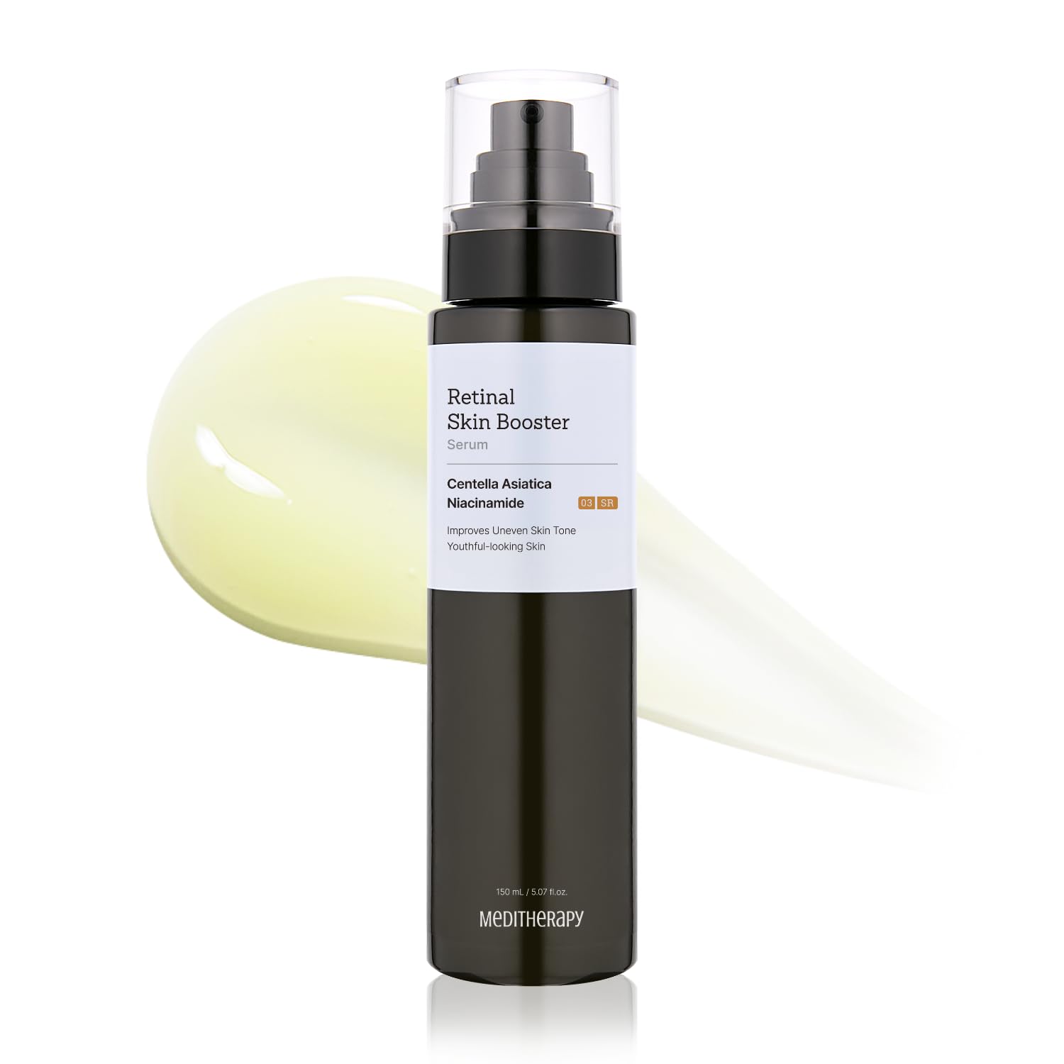MEDITHERAPY Retinal Serum bottle close-up showing gentle yellow hue for beginners.