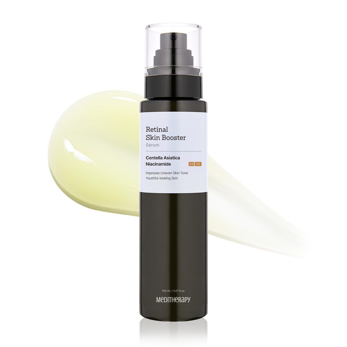 MEDITHERAPY Retinal Serum bottle close-up showing gentle yellow hue for beginners.