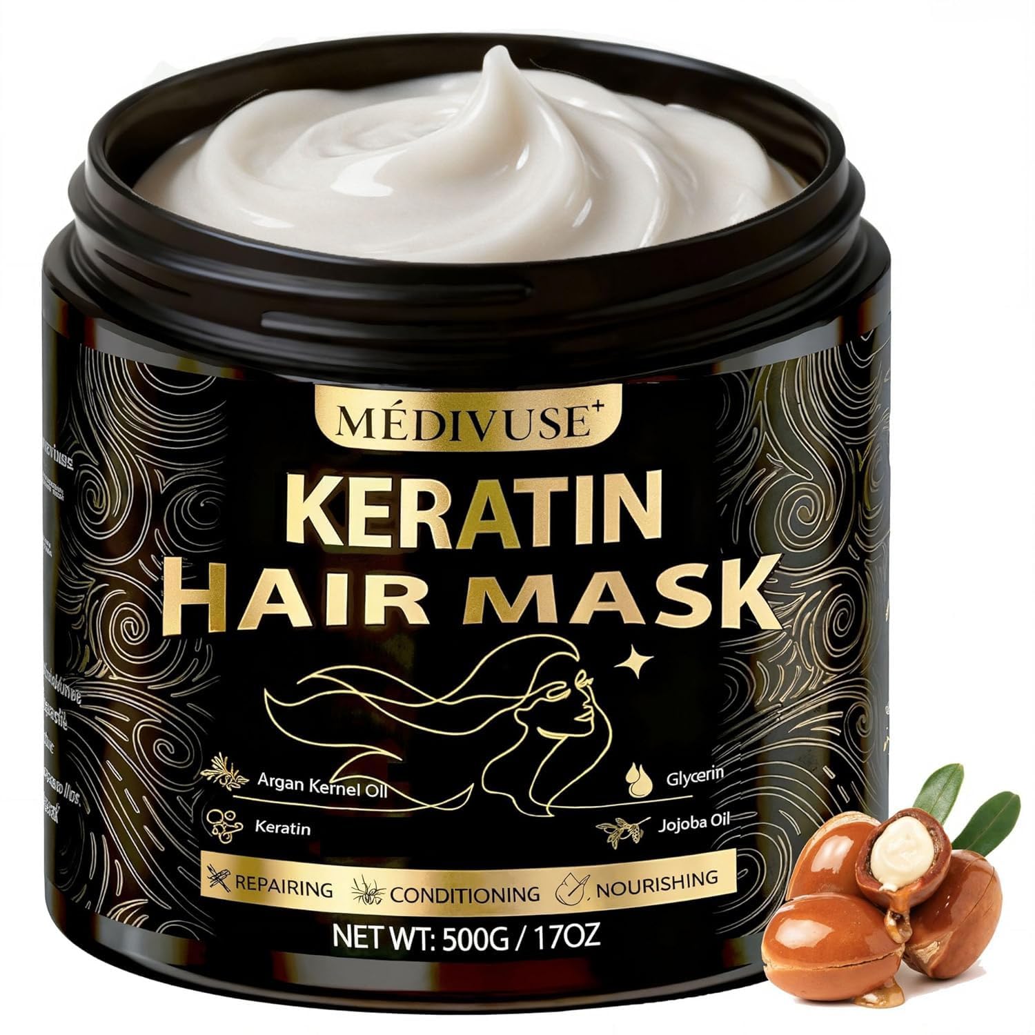 MediVuse Deep Conditioning Hair Mask bottle pour for smooth, frizz-control results.