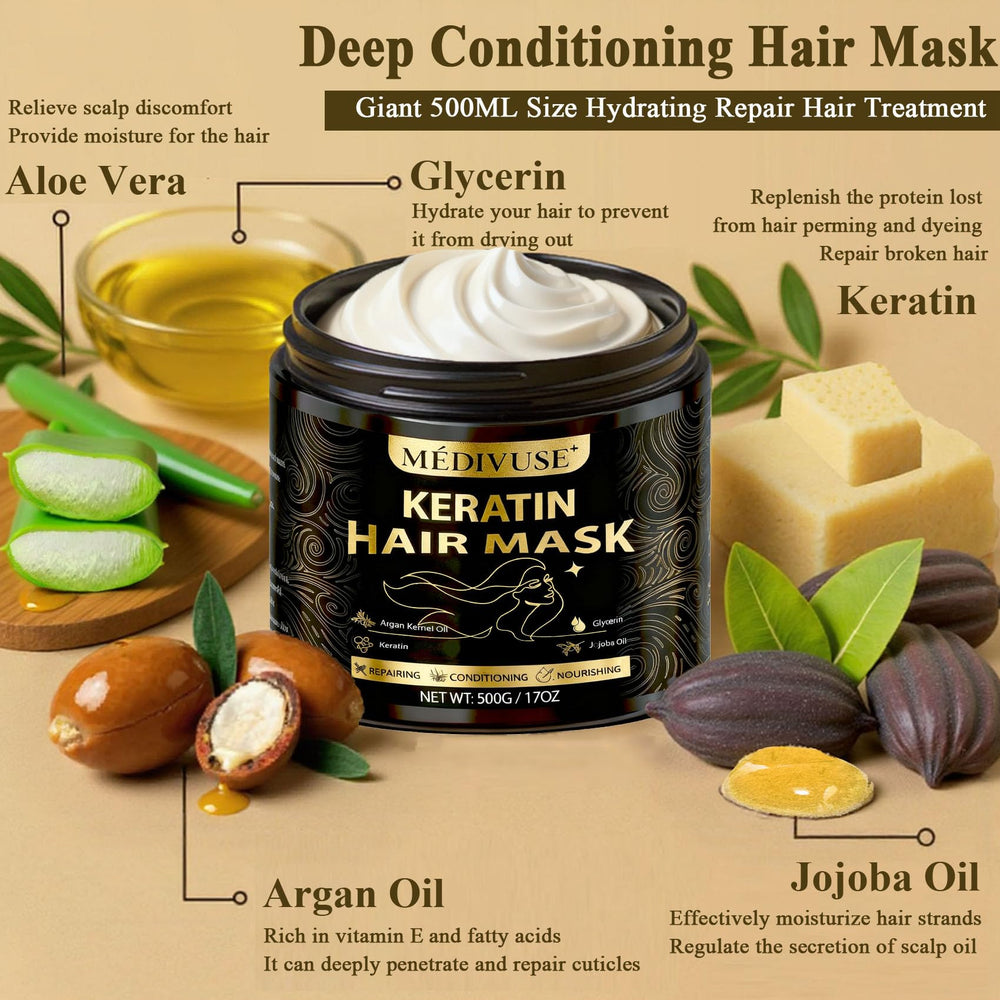 MediVuse Keratin Hair Mask jar with cream texture for deep conditioning.