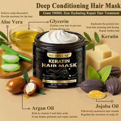 MediVuse Keratin Hair Mask jar with cream texture for deep conditioning.