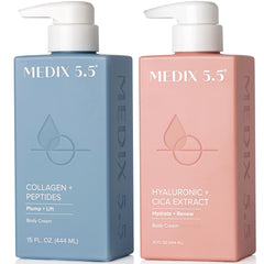 Medix 5.5 Collagen Cream bottle shows a firming formula for smoother skin.