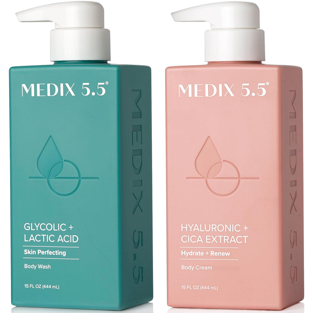 Medix 5.5 exfoliating glycolic face wash bottle pour for refreshed skin.