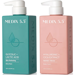 Medix 5.5 exfoliating glycolic face wash bottle pour for refreshed skin.