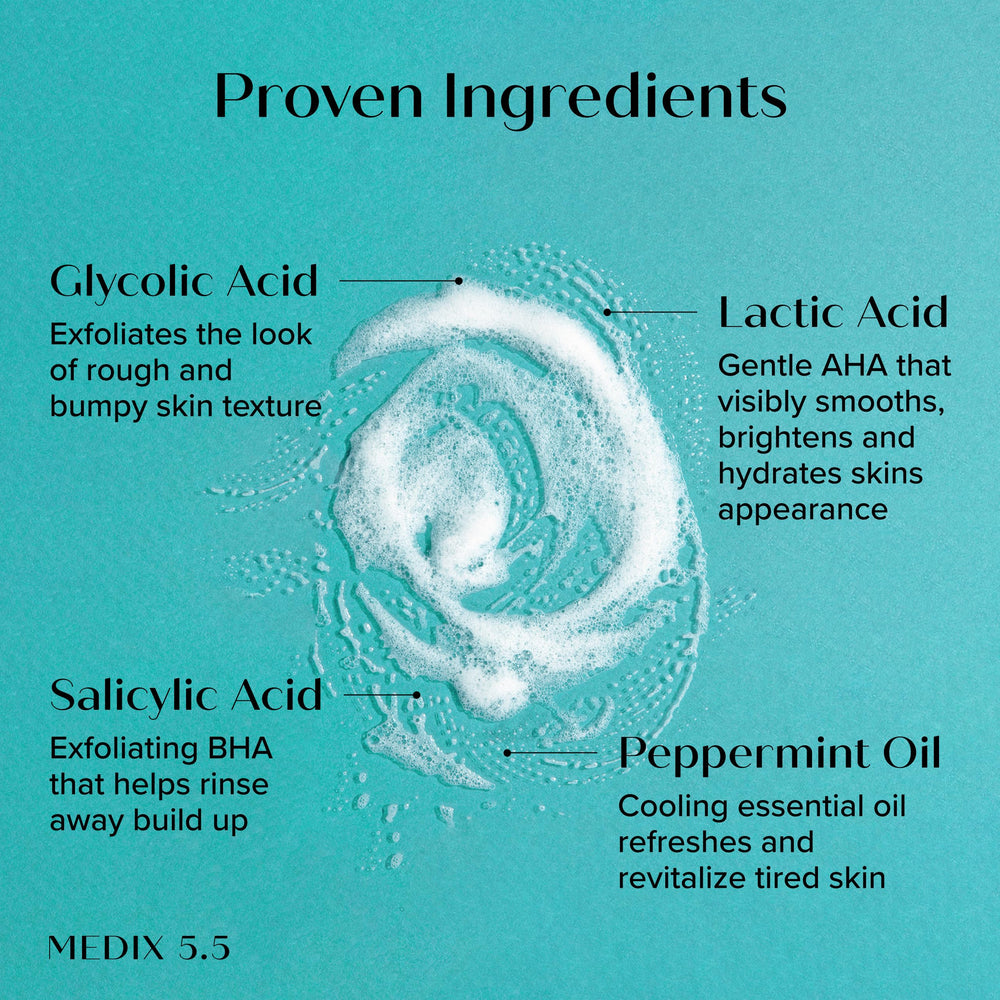 Medix 5.5 Exfoliating wash foam closeup showing rich lather.