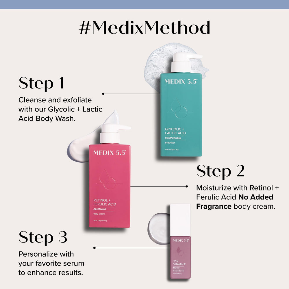 Medix 5.5 Glycolic + Lactic Exfoliating Wash foaming action preps skin for deeper absorption.