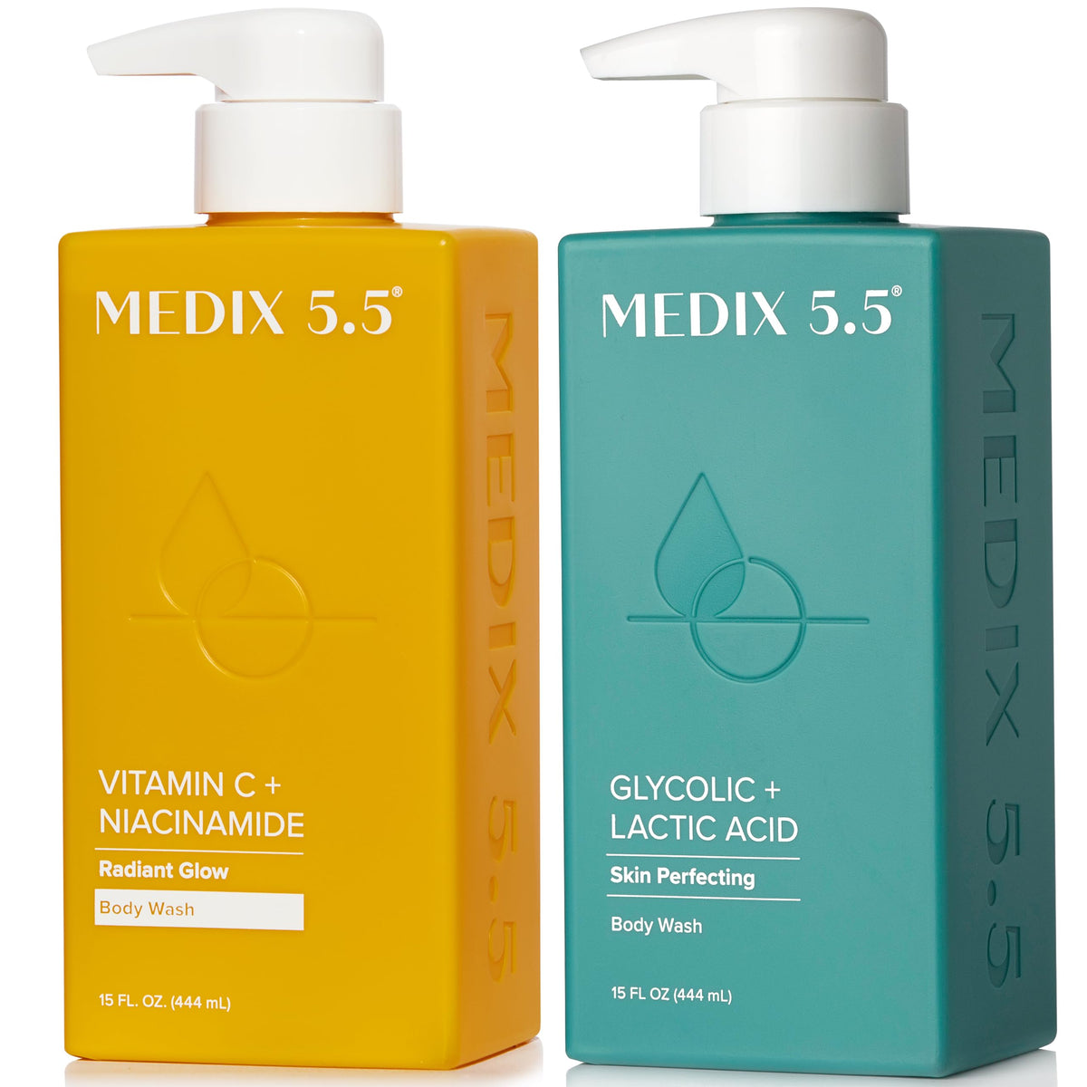 Medix 5.5 Glycolic-Lactic Body Wash bottle highlighting exfoliation for smoother skin.