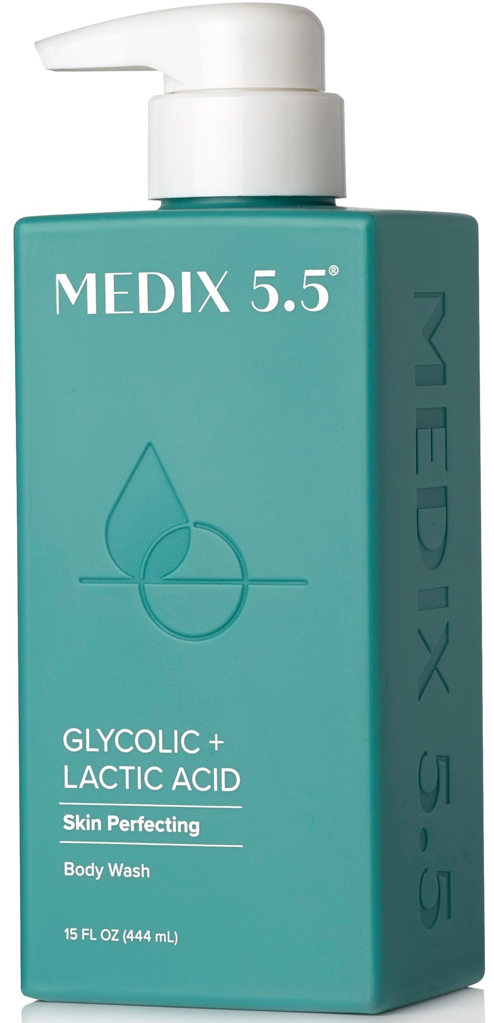 Medix 5.5 Glycolic + Lactic Exfoliating Wash bottle-pour shows smoothing exfoliation.