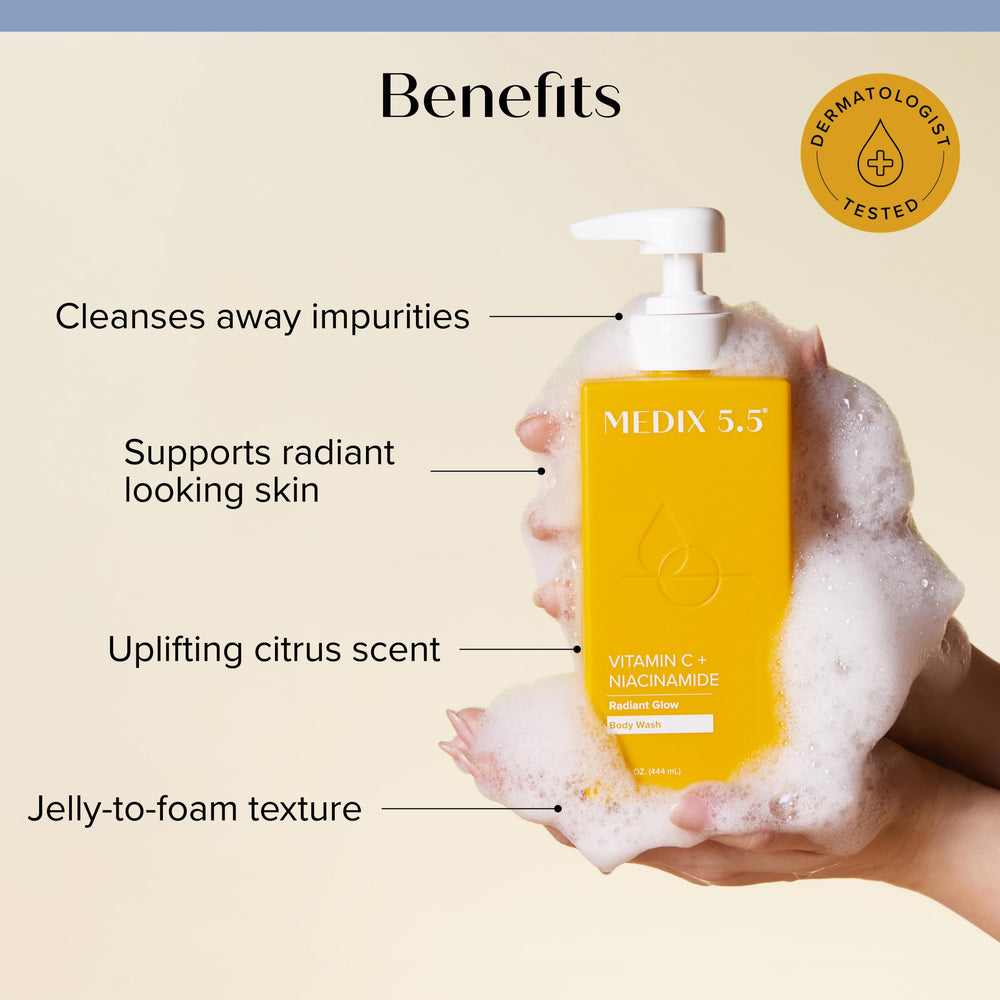 Medix 5.5 Nourish & Glow Citrus vitamin C Wash lather close-up, refreshing cleanse.