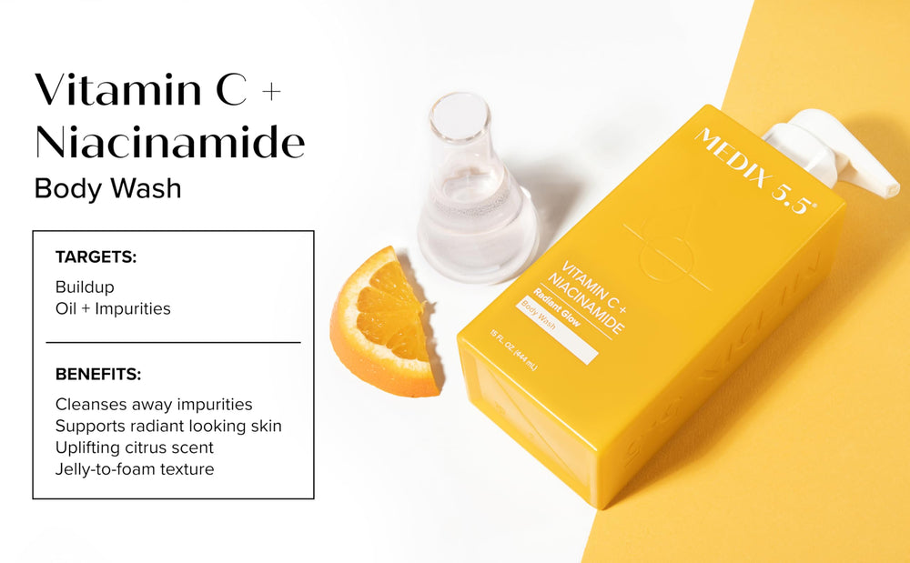 Medix 5.5 Radiant Glow Vitamin C Body Wash 2-pack display.