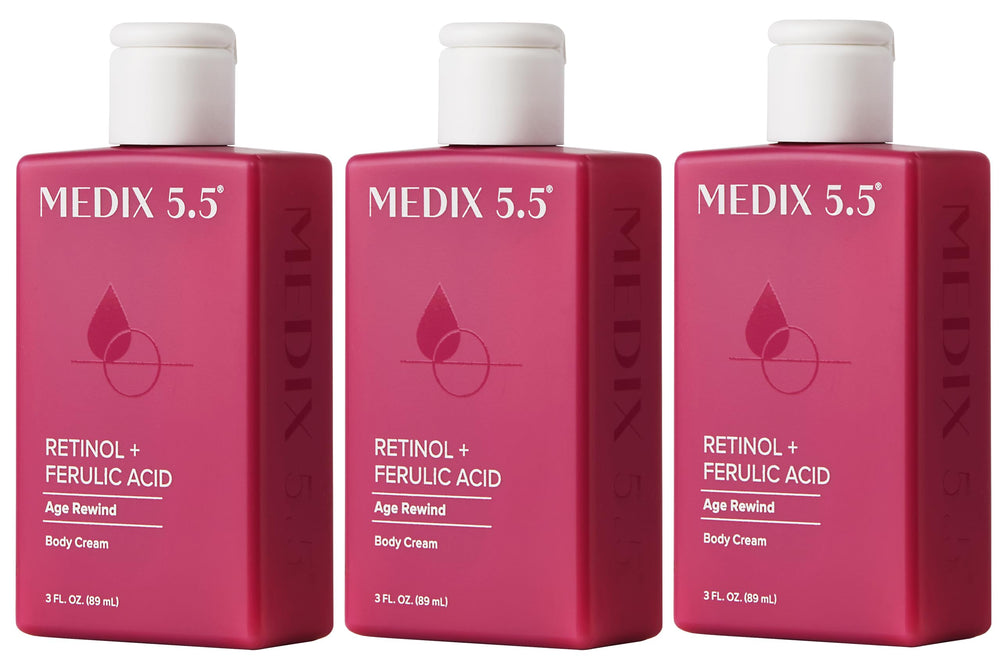 Medix 5.5 Retinol Body Lotion bottle front view, showing anti-aging formula for firmer skin