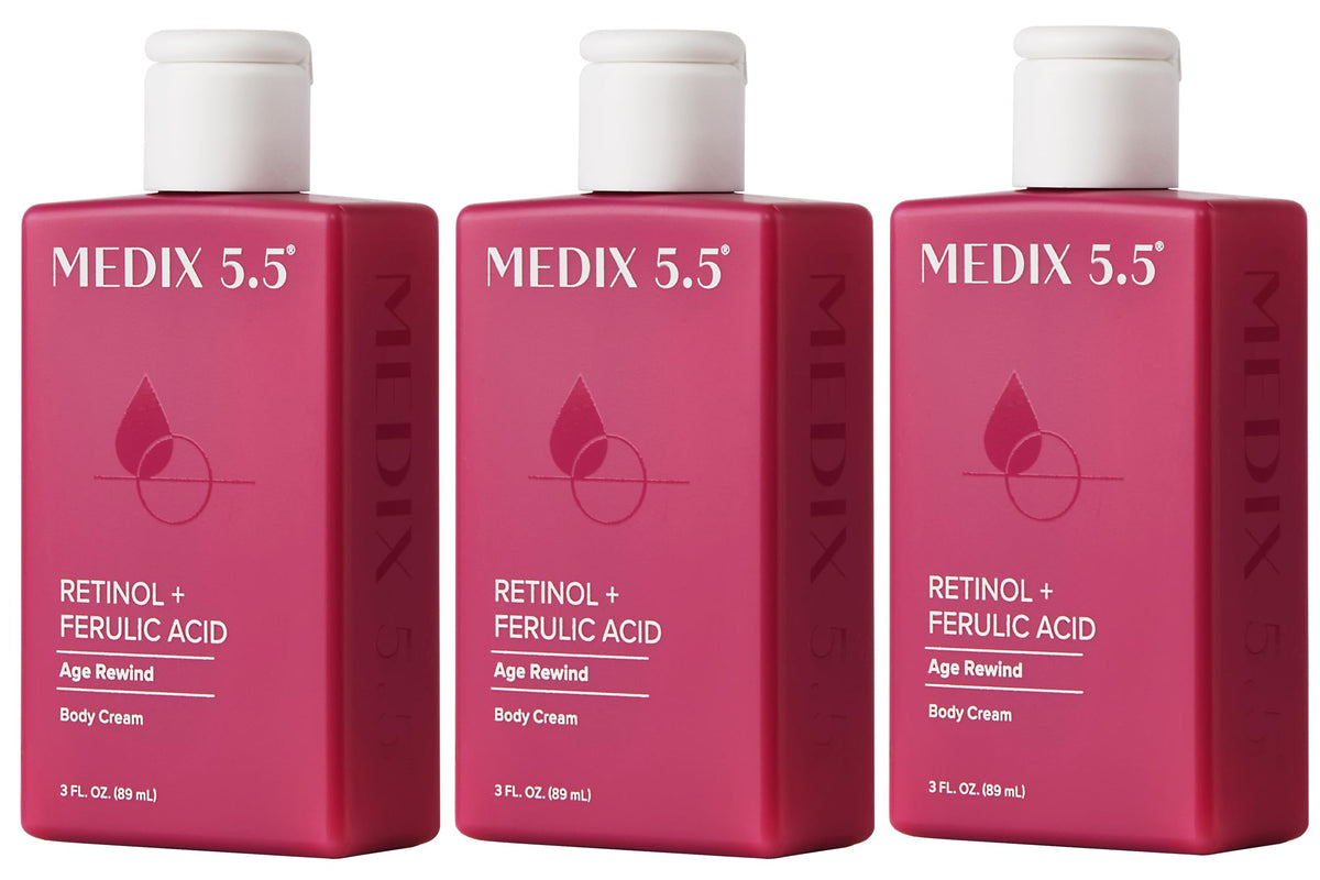 Medix 5.5 Retinol Body Lotion bottle front view, showing anti-aging formula for firmer skin