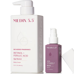 Medix 5.5 Retinol Body Lotion bottle offers targeted anti-aging care for crepey skin.