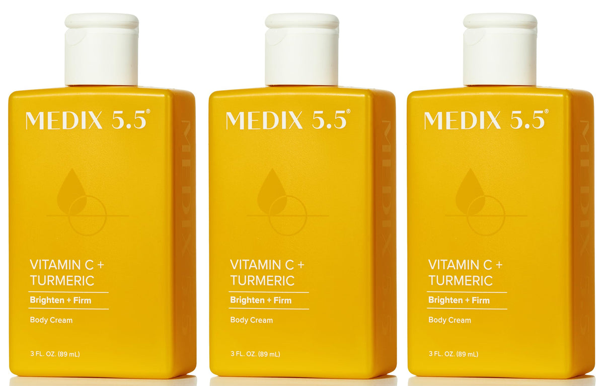 Medix 5.5 Vitamin C body lotion bottle delivering daily hydration for a brighter, more even look.