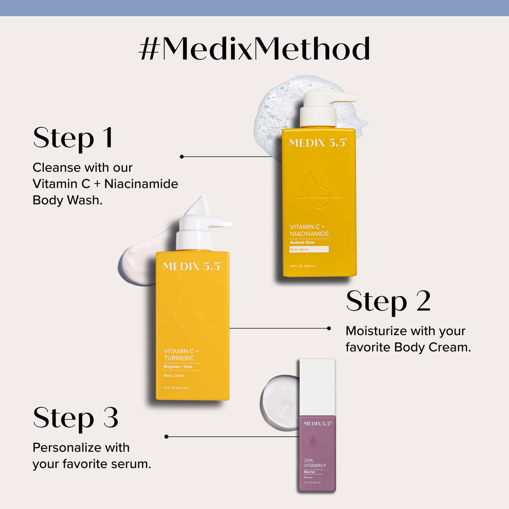 Medix 5.5 Vitamin C Body Wash lather shows rich foaming texture for cleansing.