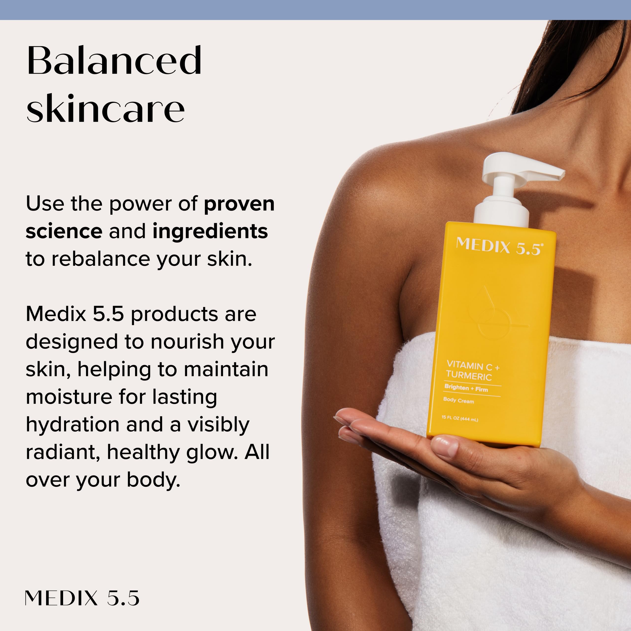 Medix 5.5 Vitamin C brightening ingredients with turmeric and shea butter for nourished skin.