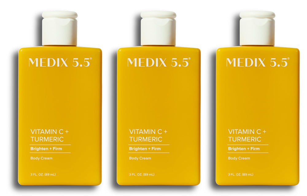 Medix 5.5 Vitamin C packaging beside a clean skincare setup implying daily use.