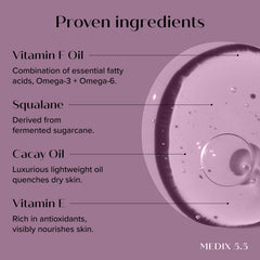 Close-up of Vitamin F oil texture showing silky, fast-absorbing finish.