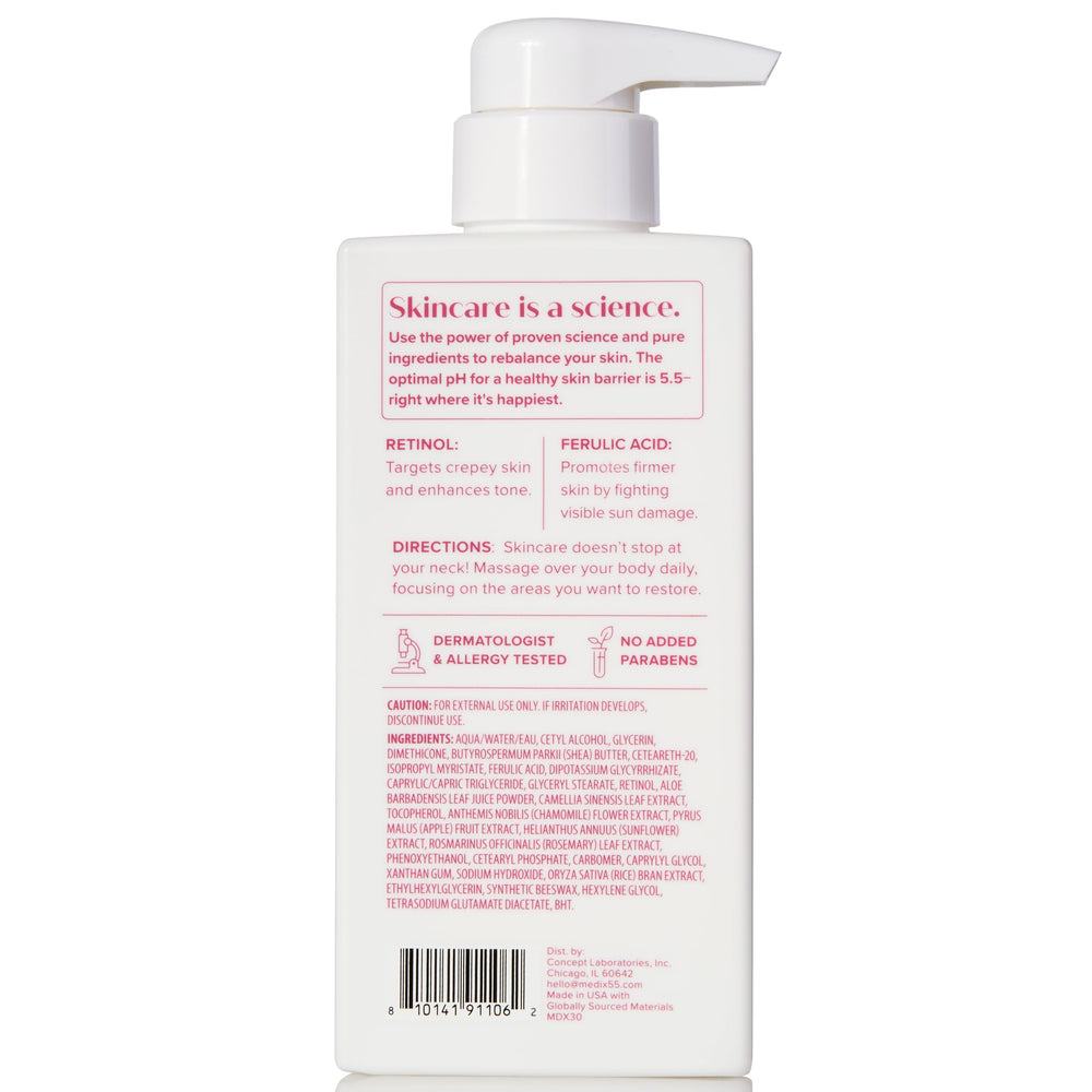 Medix 5.5 face and body retinol moisturizer with convenient pump application.