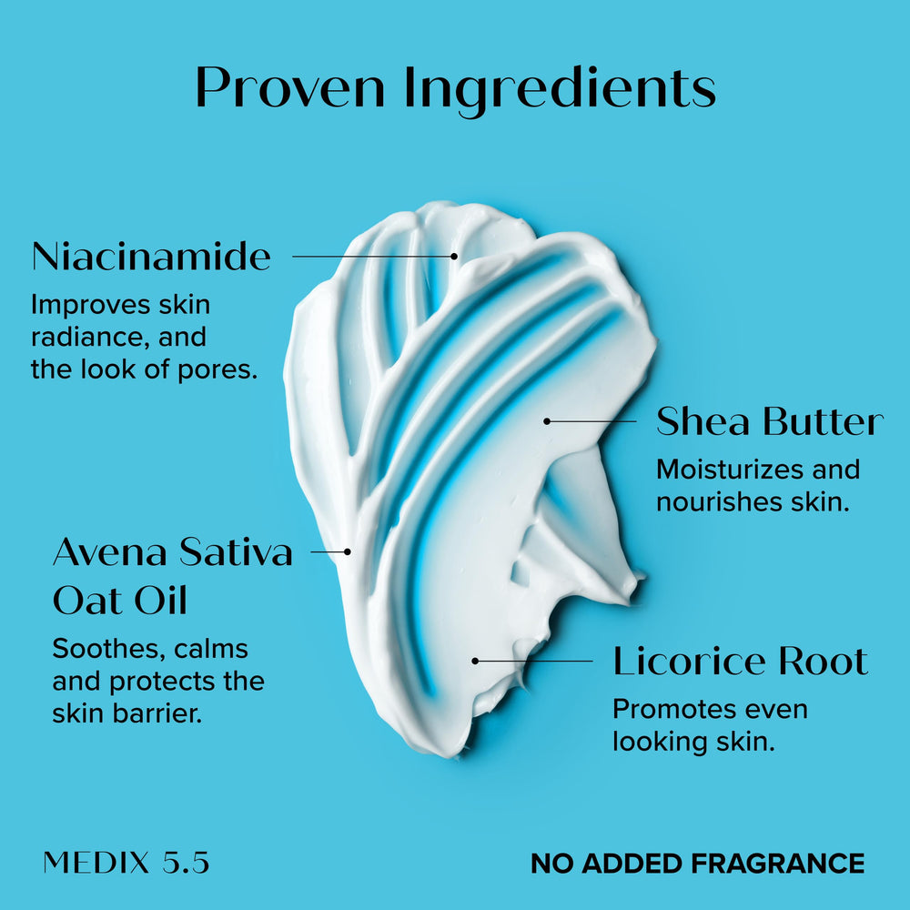 Medix 5.5 fragrance-free Niacinamide face lotion label close-up on clean formula.