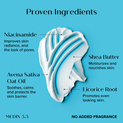 Medix 5.5 fragrance-free Niacinamide face lotion label close-up on clean formula.