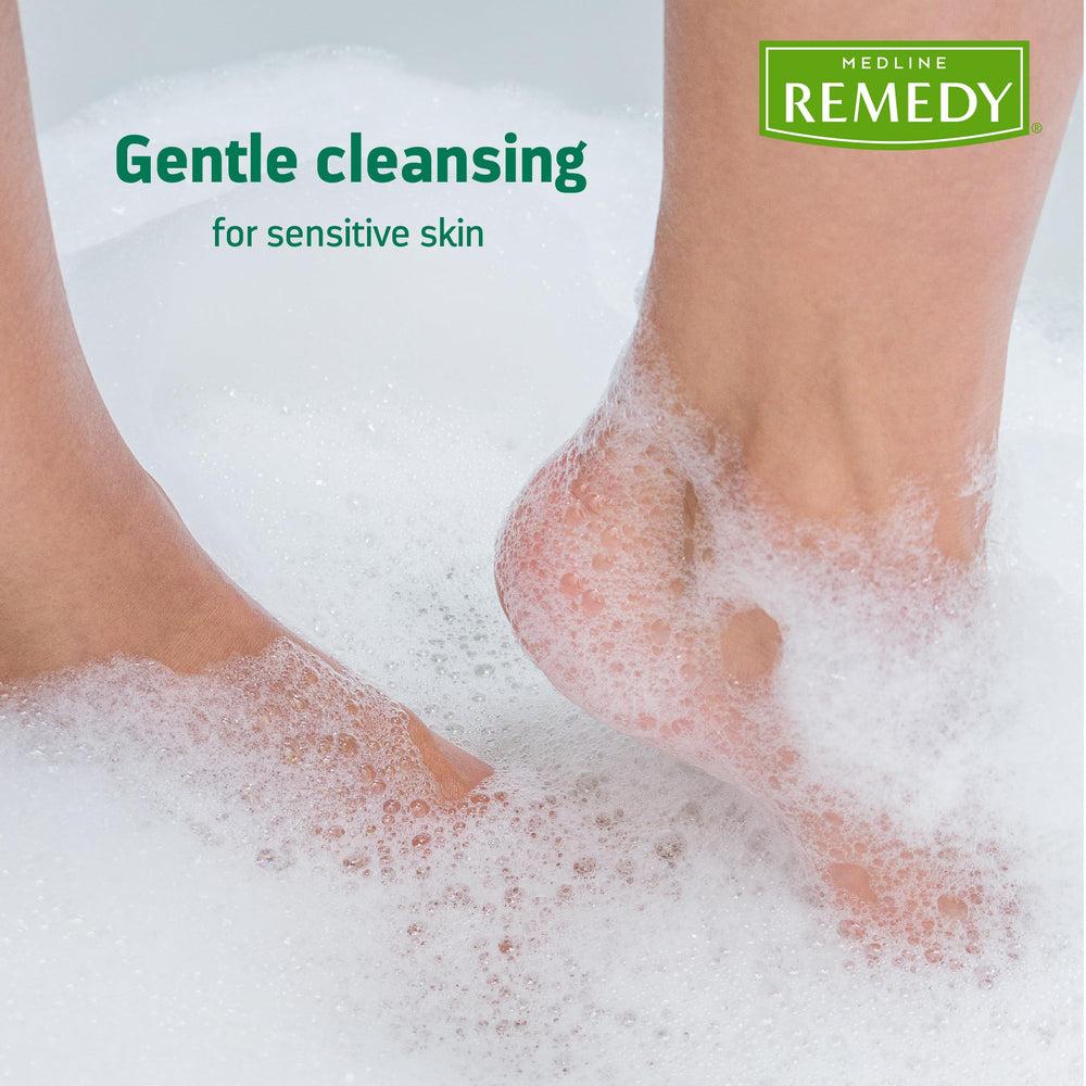 Medline Remedy Essentials foamy lather highlighting light citrus vanilla scent.