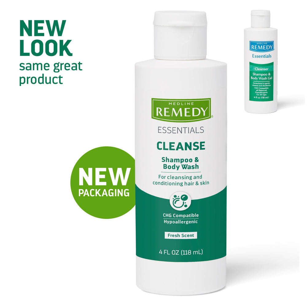 Medline Remedy Essentials gel in shower-use setup for skin and hair.