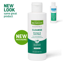 Medline Remedy Essentials gel in shower-use setup for skin and hair.