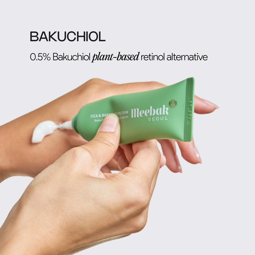 Meebak Eye Cream Bakuchiol ingredient closeup highlights nourishing care for delicate under eyes
