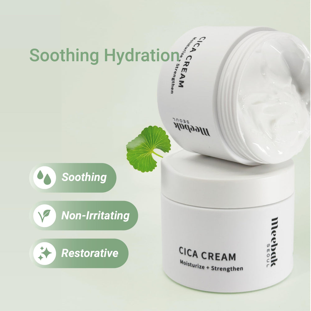 Meebak Cica Cream texture swatch emphasizes silky absorption.