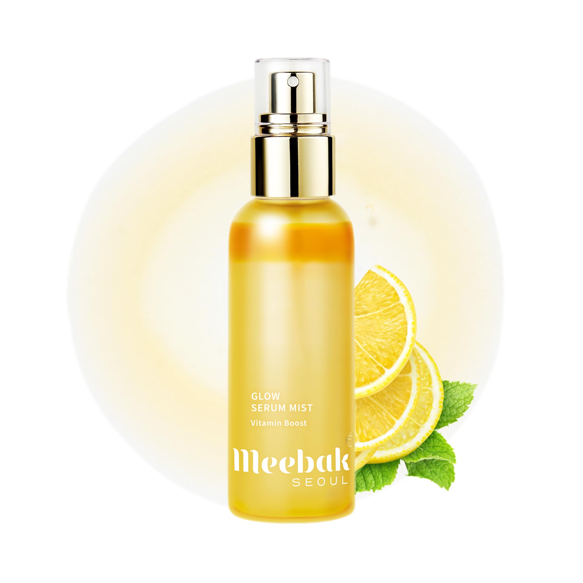Meebak Glow Serum Mist bottle front view delivering instant dewy glow and hydration.