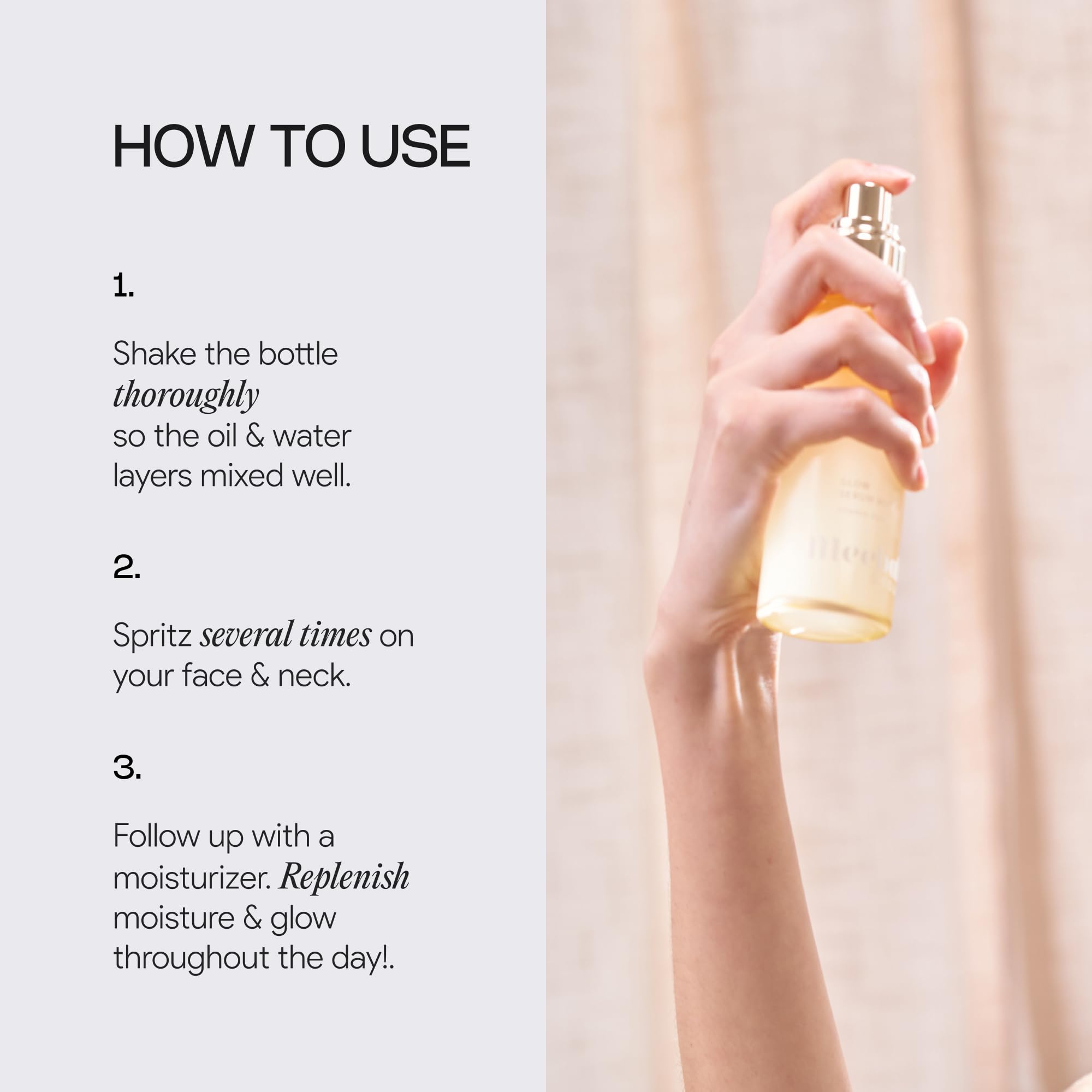 Meebak Glow Serum Mist plant squalane helps soften and lock in moisture.