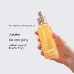 Meebak Glow Serum Mist spray action highlights refreshing hydration for daily use.